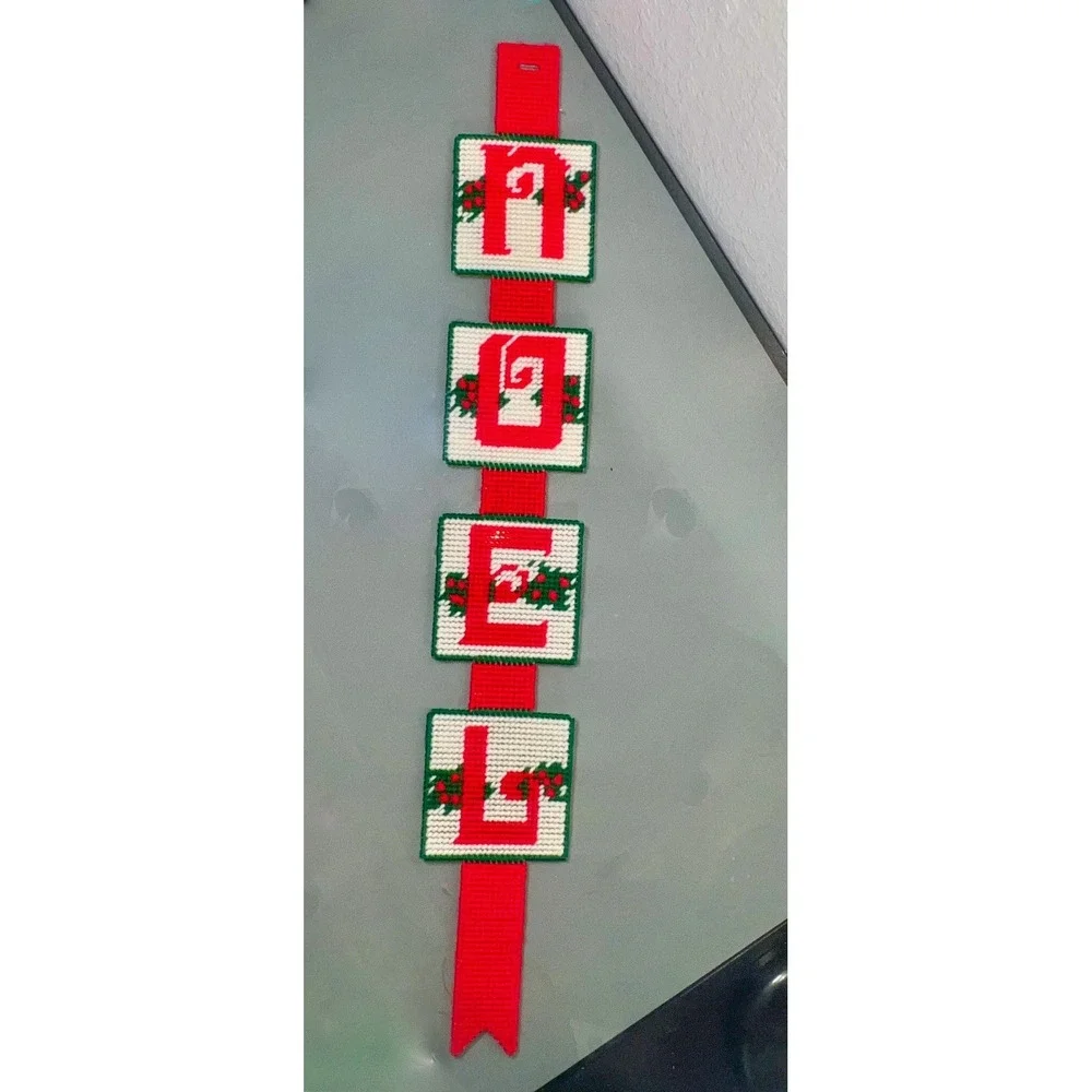 Vintage Hand Stitched Needlepoint NOEL Christmas Wall Door Hanger Holiday Decor